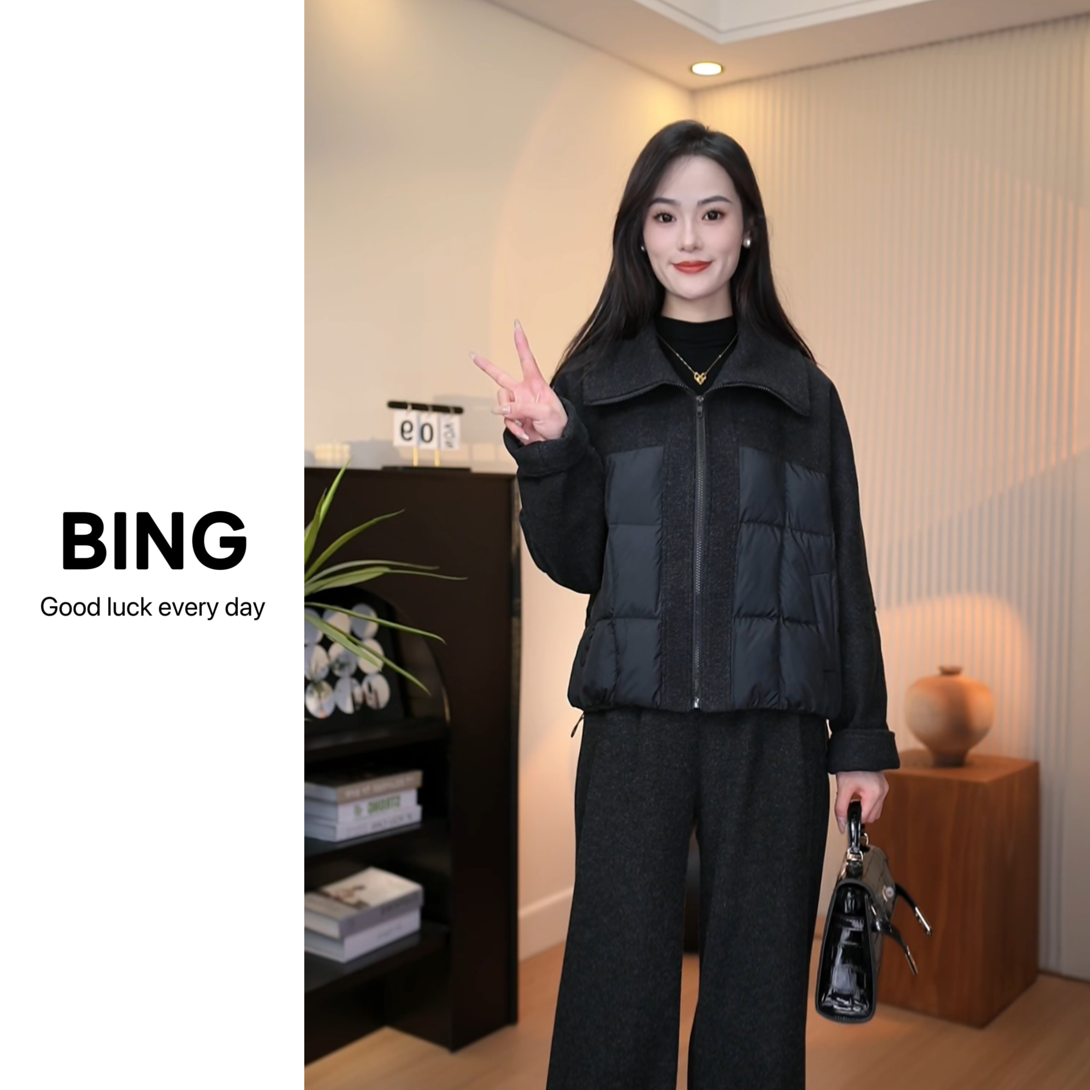 冬季新款女宽松毛呢拼接加厚棉服外套阔腿裤气质两件套潮