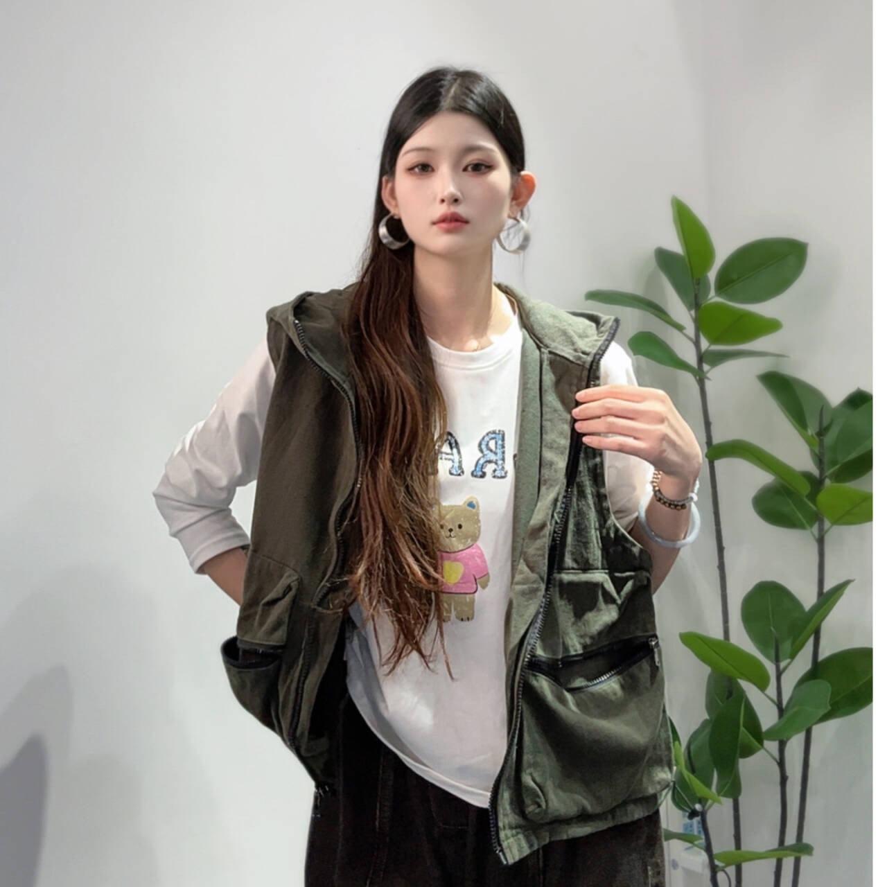 拉链厚款春透气连帽牛仔工装马甲带帽做旧户外