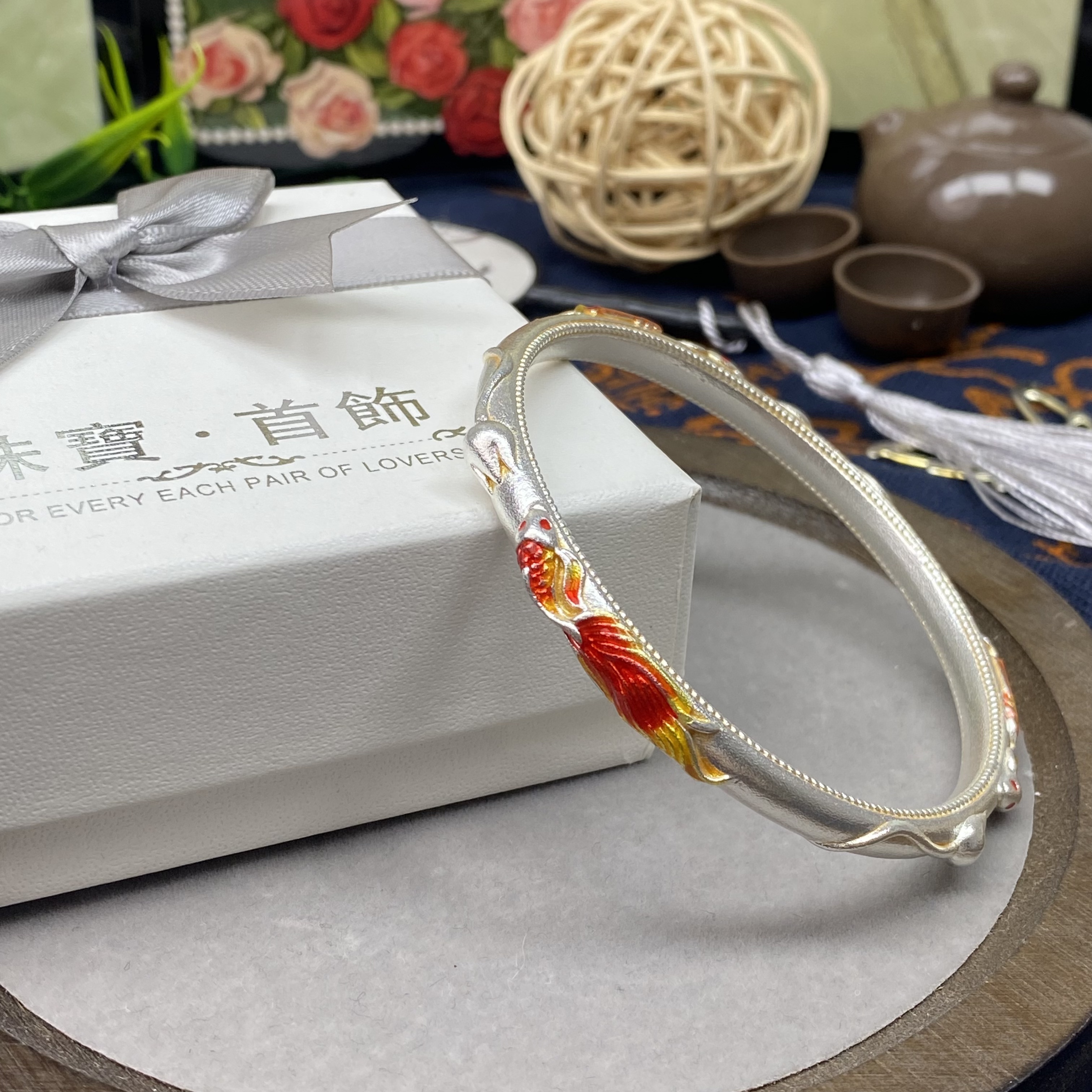 足银手镯  20号  描金锦鲤  闭口