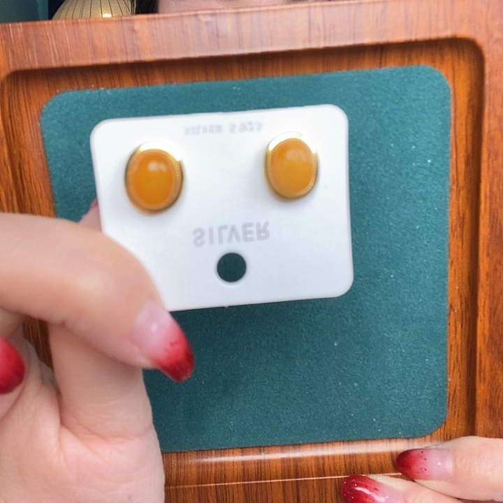 蜜蜡耳饰银S925镶嵌耳钉