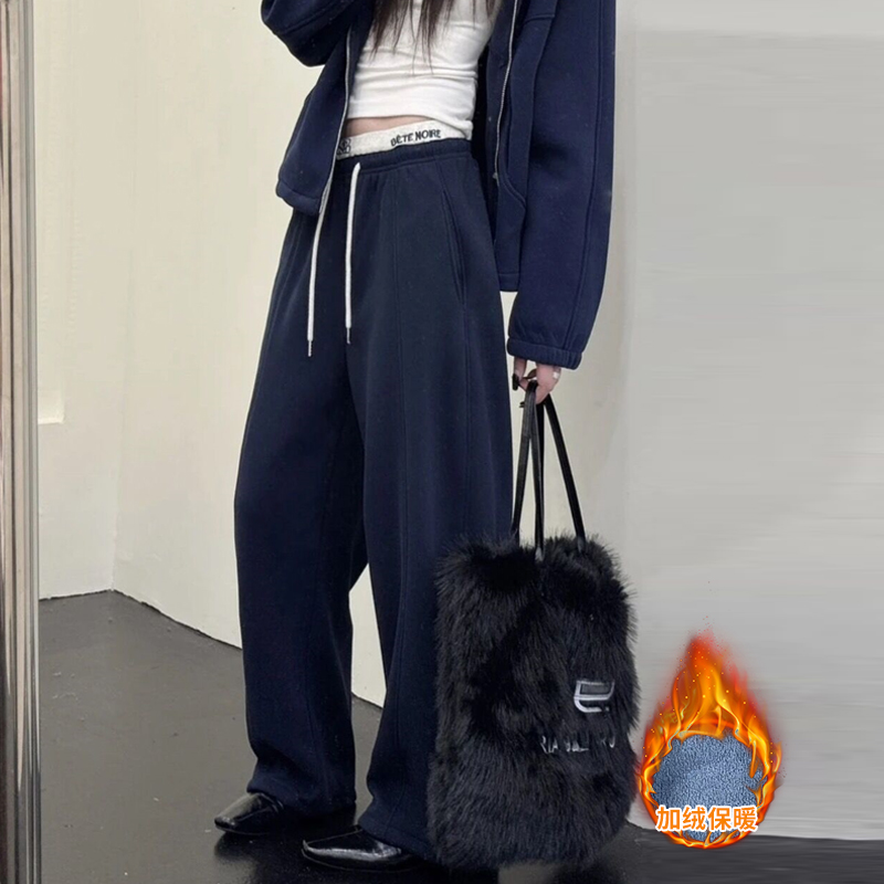 【加绒加厚】赵露思同款慵懒风女宽松百搭螺纹腰头刺绣休闲弯刀裤