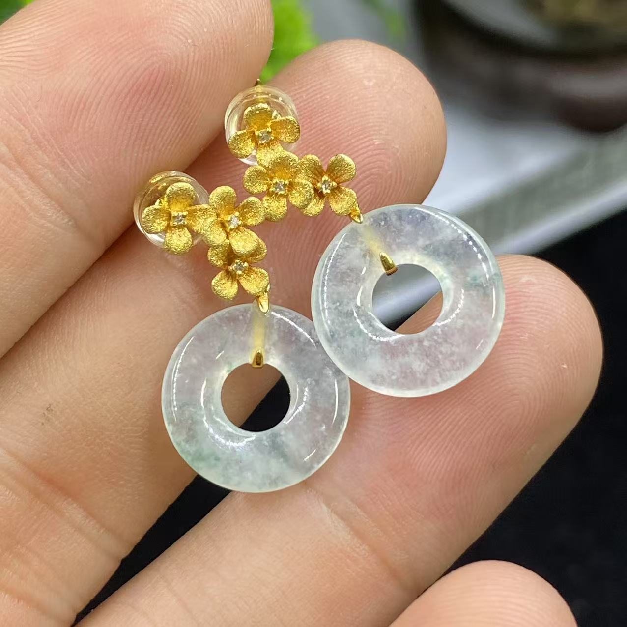 新春大集翡翠耳饰18k金镶嵌--甜甜圈8556C