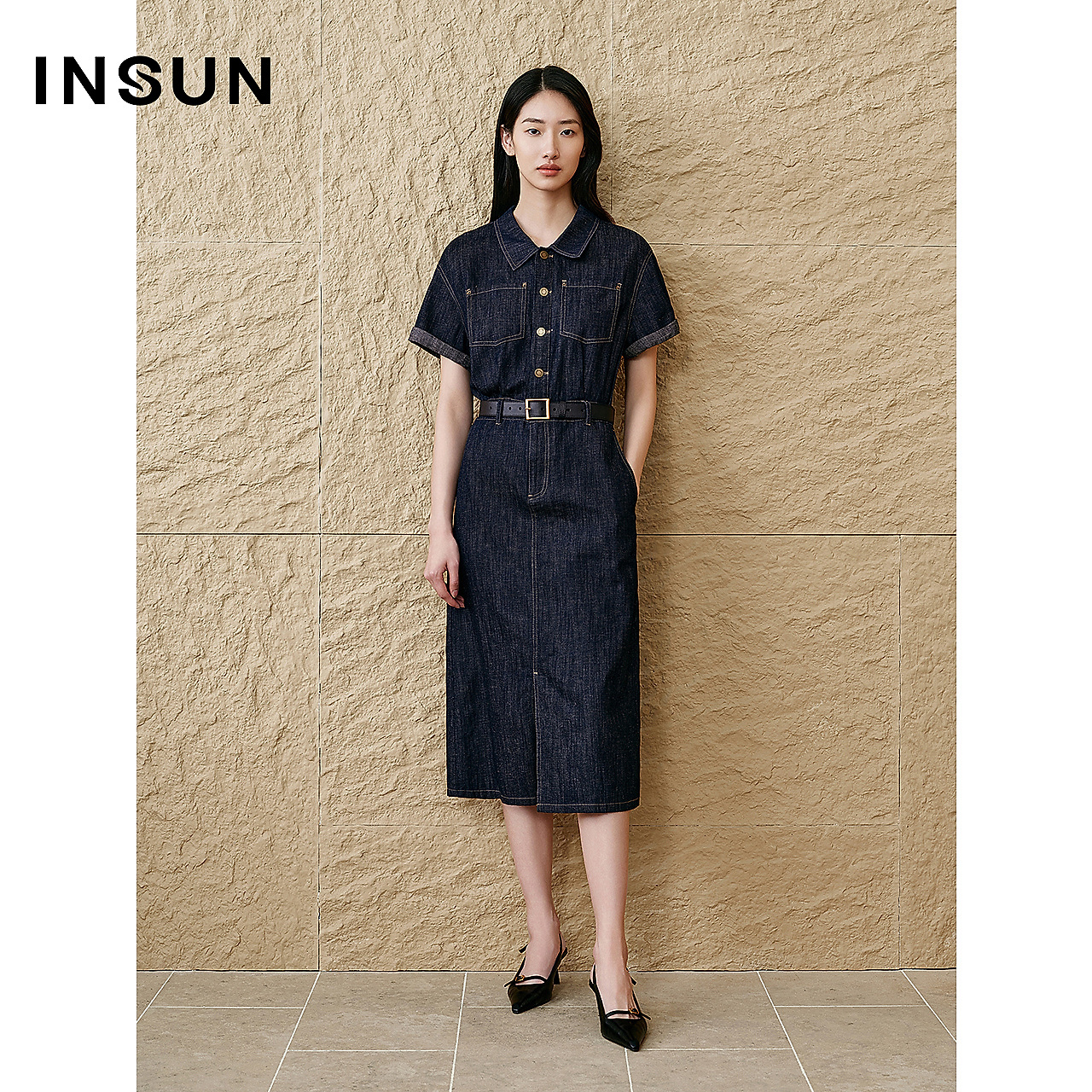 [一秒入夏]INSUN恩裳专选2025夏季棉麻休闲高腰牛仔连衣裙