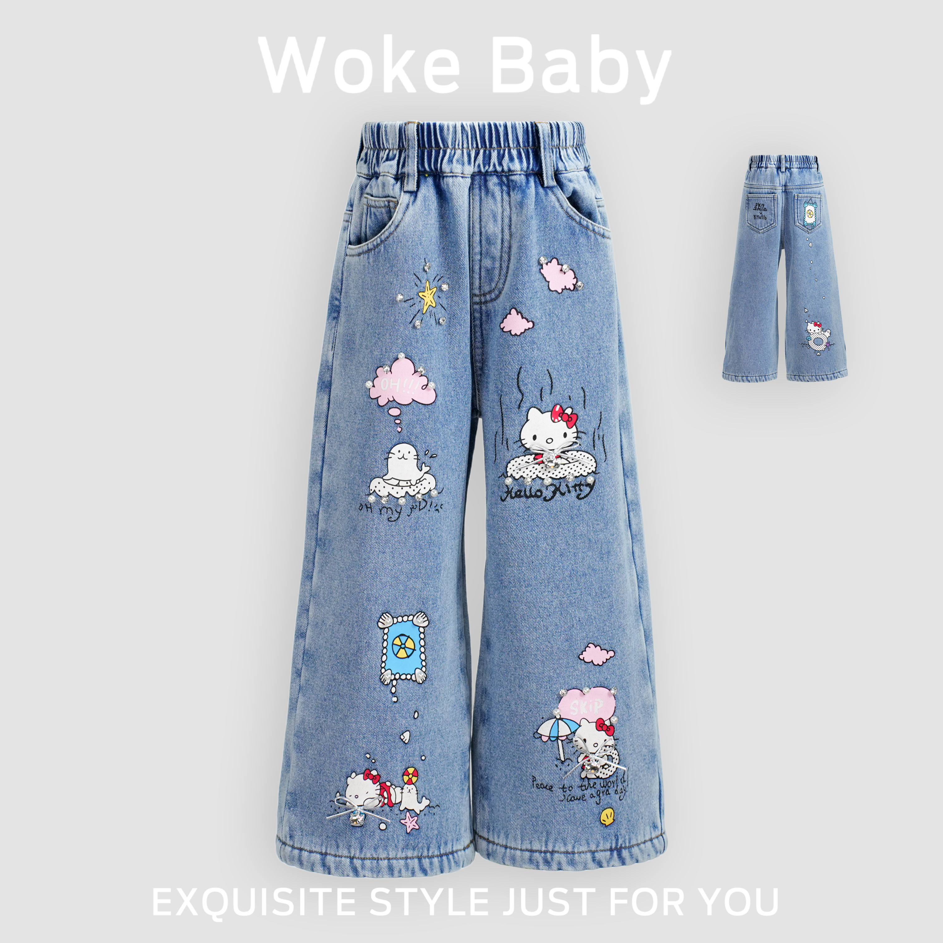 【现货】女童秋冬裤子洋气时髦卡通牛仔长裤加绒汉服W5015