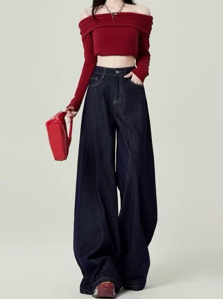 丹宁蓝牛仔裤女春秋季2025年新款时尚潮流休闲百搭宽松阔腿直筒裤