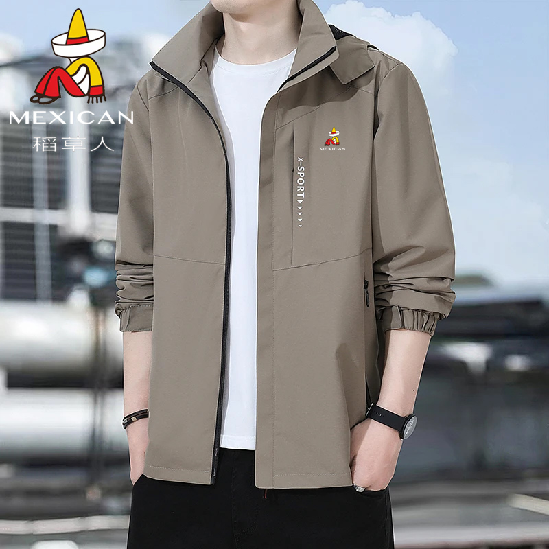 稻草人春季男士休闲外套户外大码保暖夹克潮流百搭可拆卸帽风衣