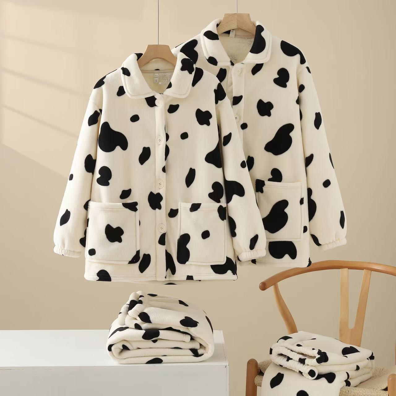 情侣款睡衣女秋冬加厚加绒羊羔绒绒奶牛保暖男士家居服套装可外穿