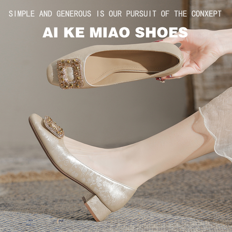 【艾可妙品牌原创】新中式国风粗跟单鞋女方扣水钻中跟法式高跟鞋女