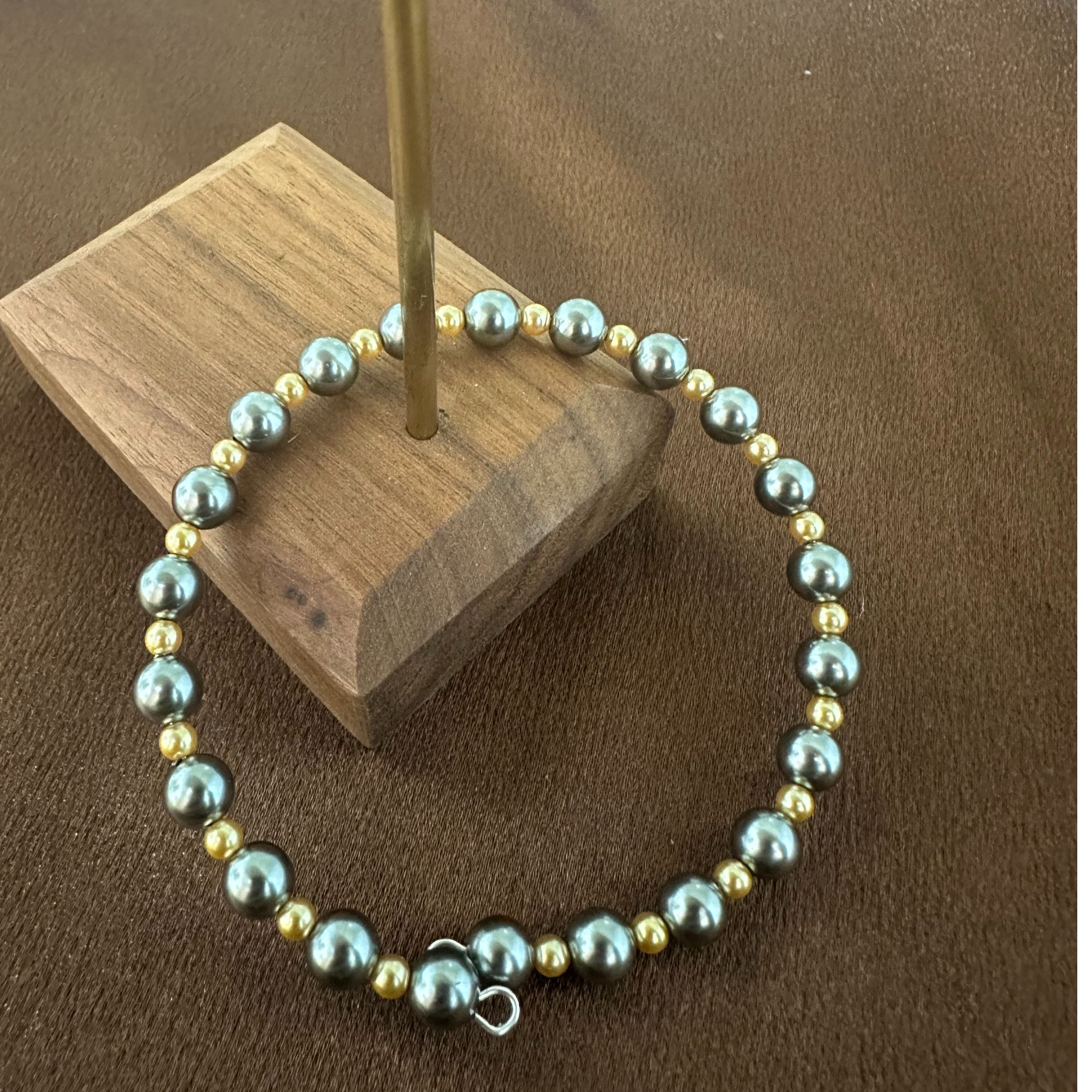 非金属仿珍珠手链 绿金混彩满串手链925轻奢贵族气质小众复古简约