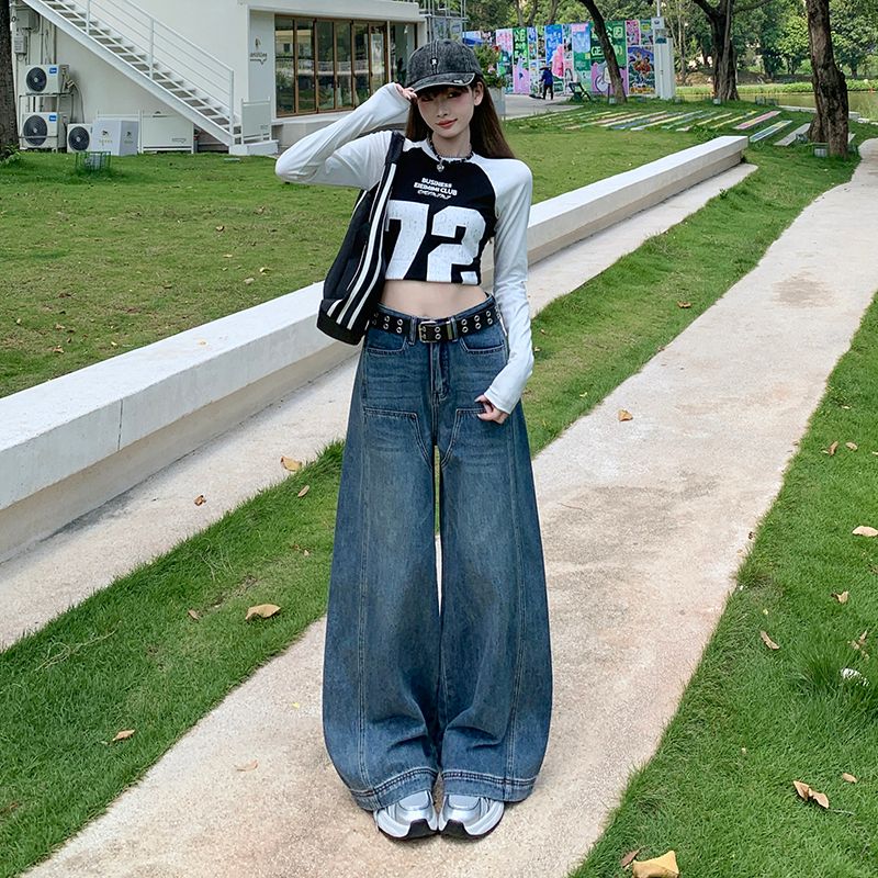 美式复古蓝色阔腿宽松牛仔裤女新款秋冬直筒休闲拖地裤