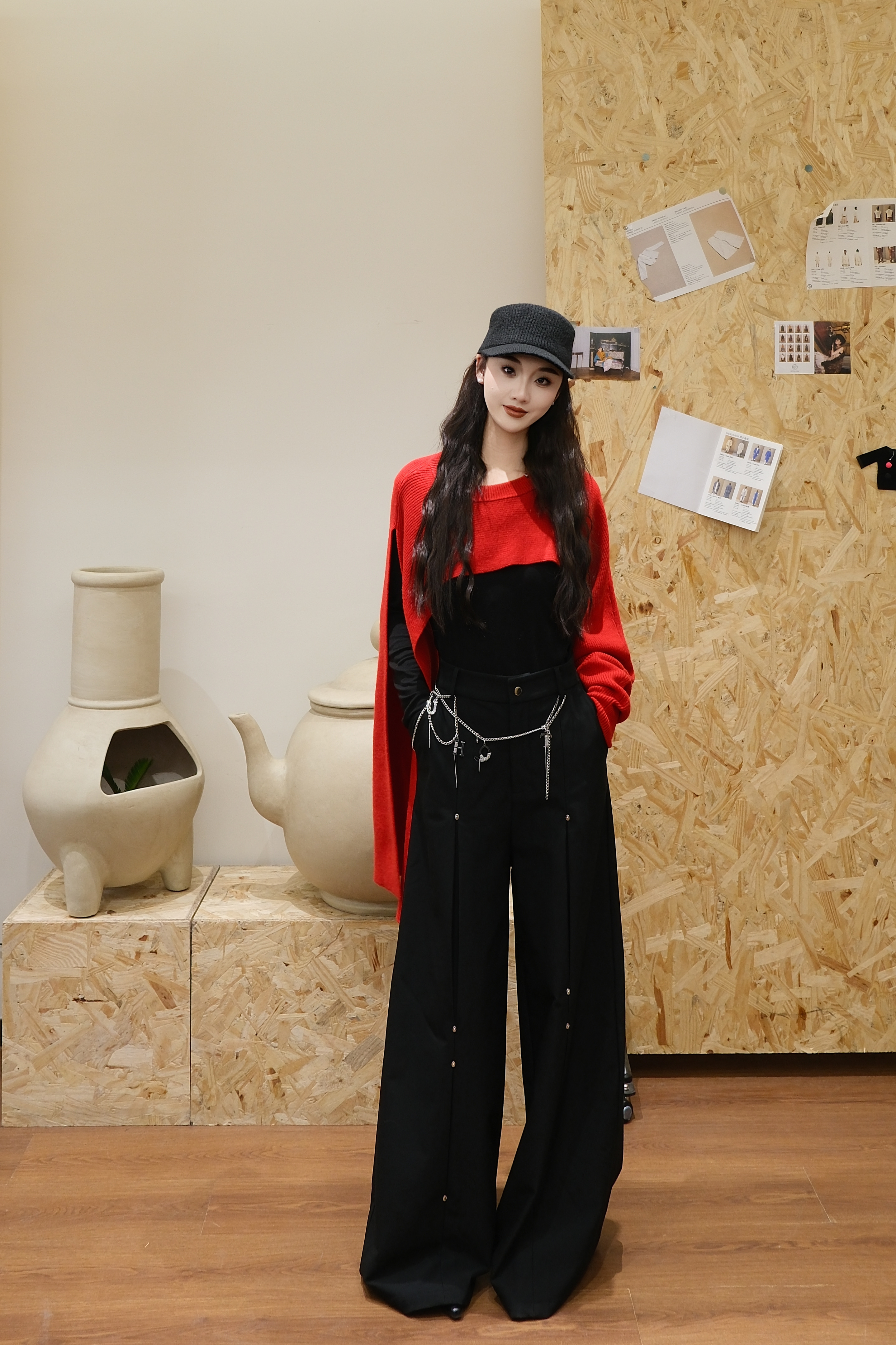 【YJXD】UHOT/诱货黑色直筒高腰阔腿长裤配：腰链宽松显瘦女阔腿裤