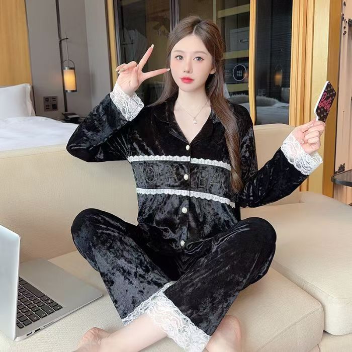 钻石绒睡衣保暖春秋长裤蕾丝长袖家居服套装加厚翻领睡衣女款秋冬