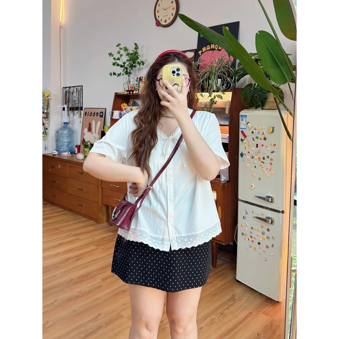 夏季新款大码女装短袖衬衫花边抽绳设计v领显瘦上衣潮流个性7268