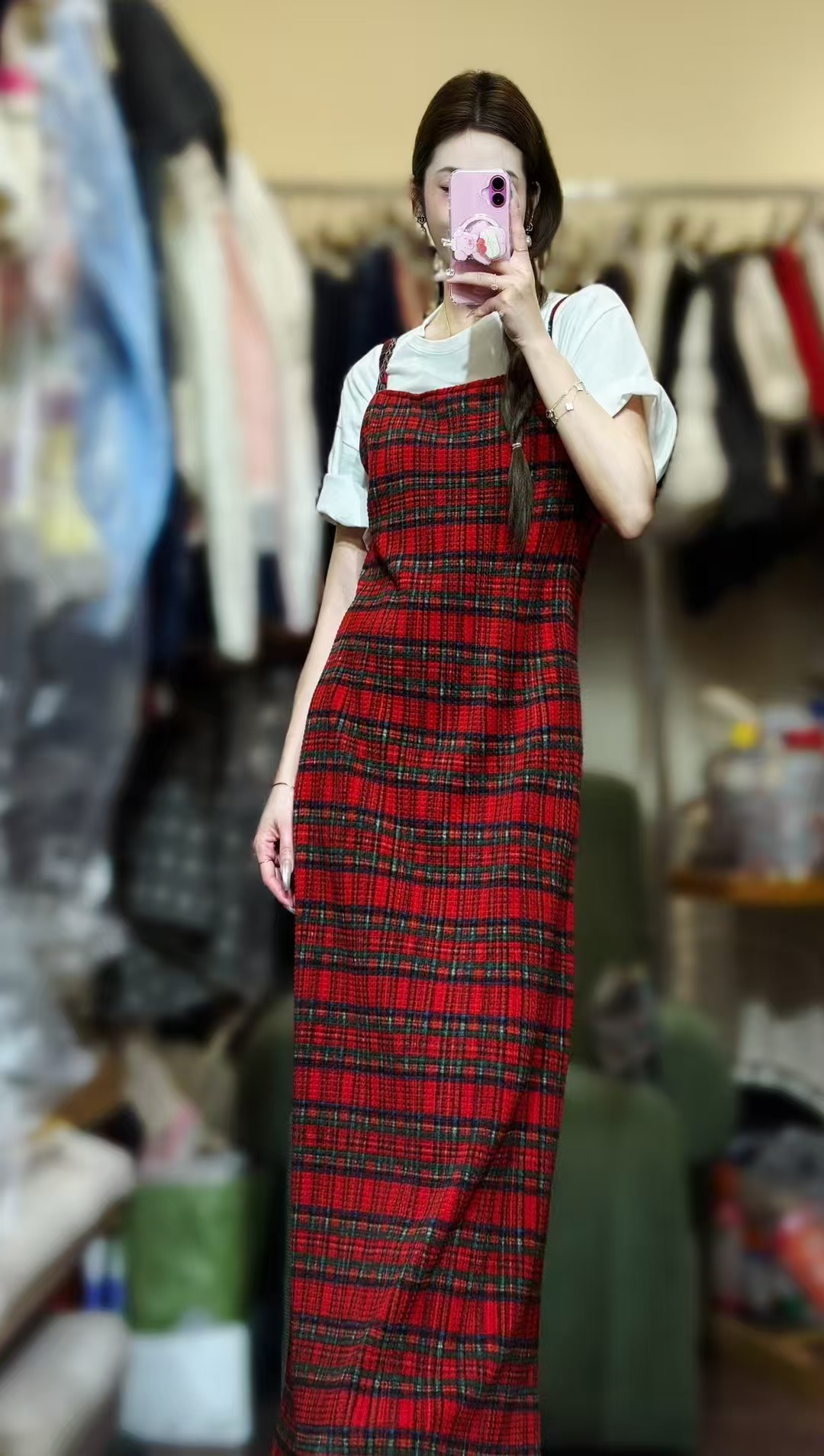 红色格子 吊带裙