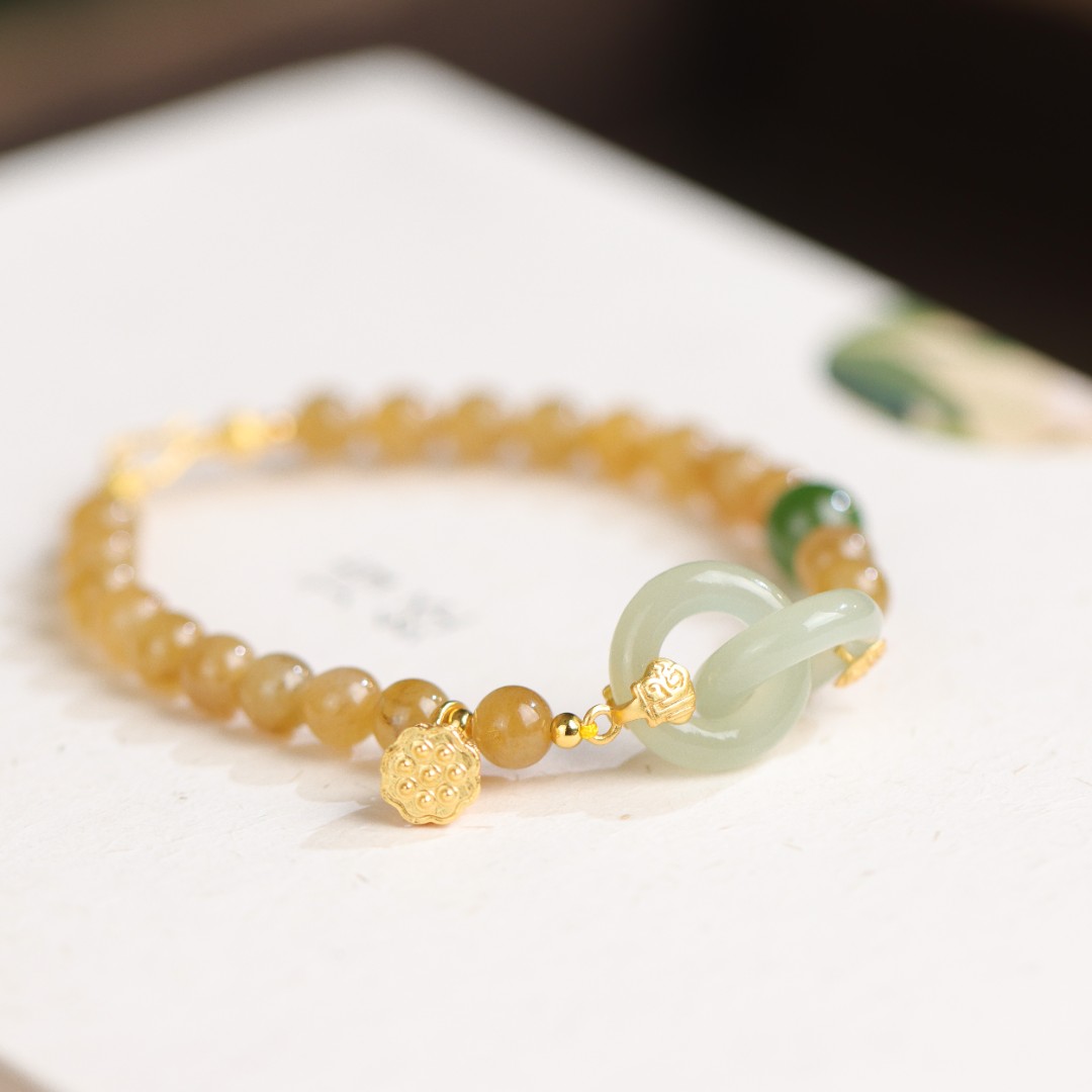 S925银镀金镶嵌和田玉糖玉圆珠环环相扣复古DIY百搭送礼女款手链