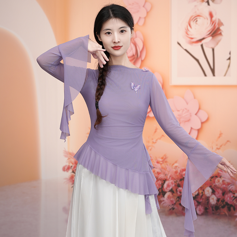 古典舞纱衣飞袖蝴蝶演出服双层不透上衣飘逸中国舞练功服舞蹈服