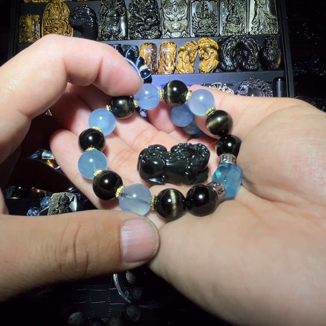 未镶嵌黑曜岩手链北****司金曜石12m猫眼海蓝宝12DIY