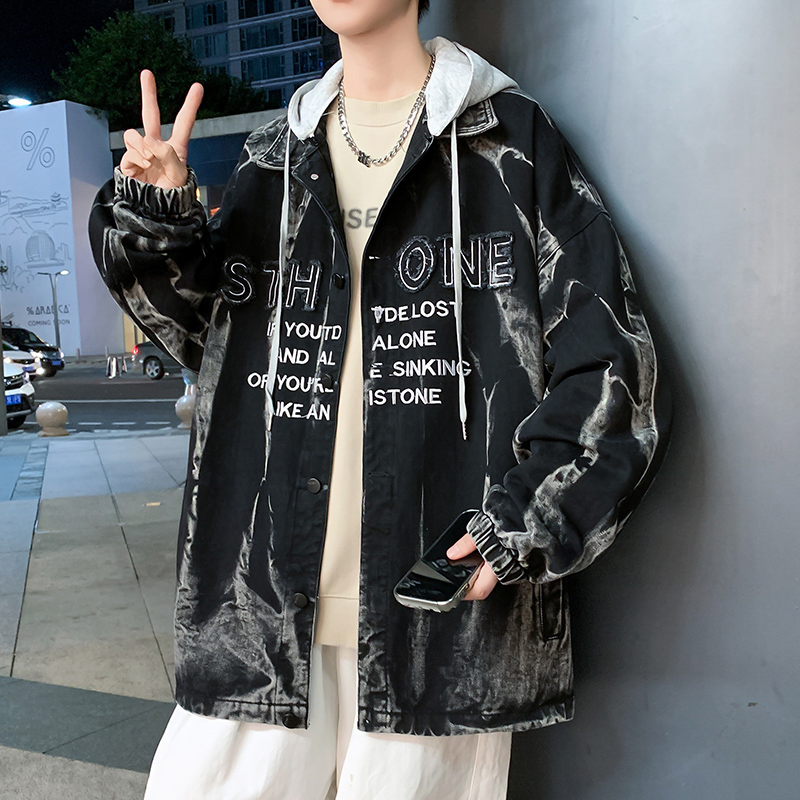 春秋新款休闲美式男字母印花休闲外套宽松朝流百搭可脱卸连帽夹克