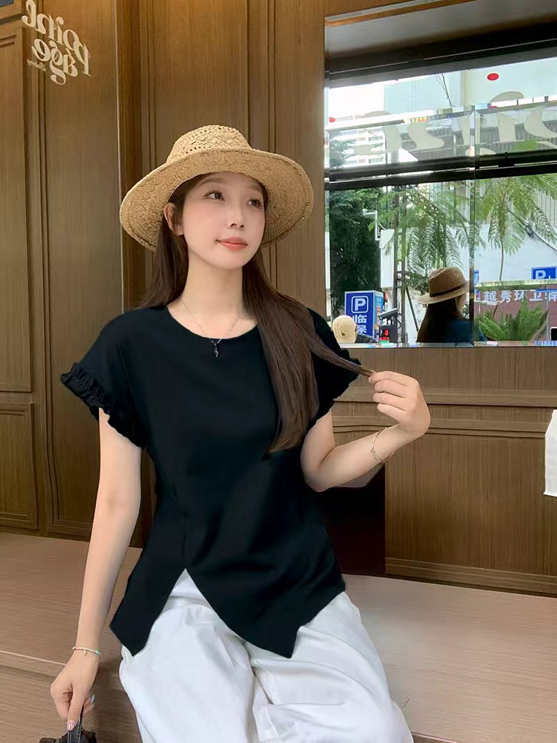 Q新款胖mm大码女甜美设计感飞飞袖木耳边露背拼接系带短袖A2017