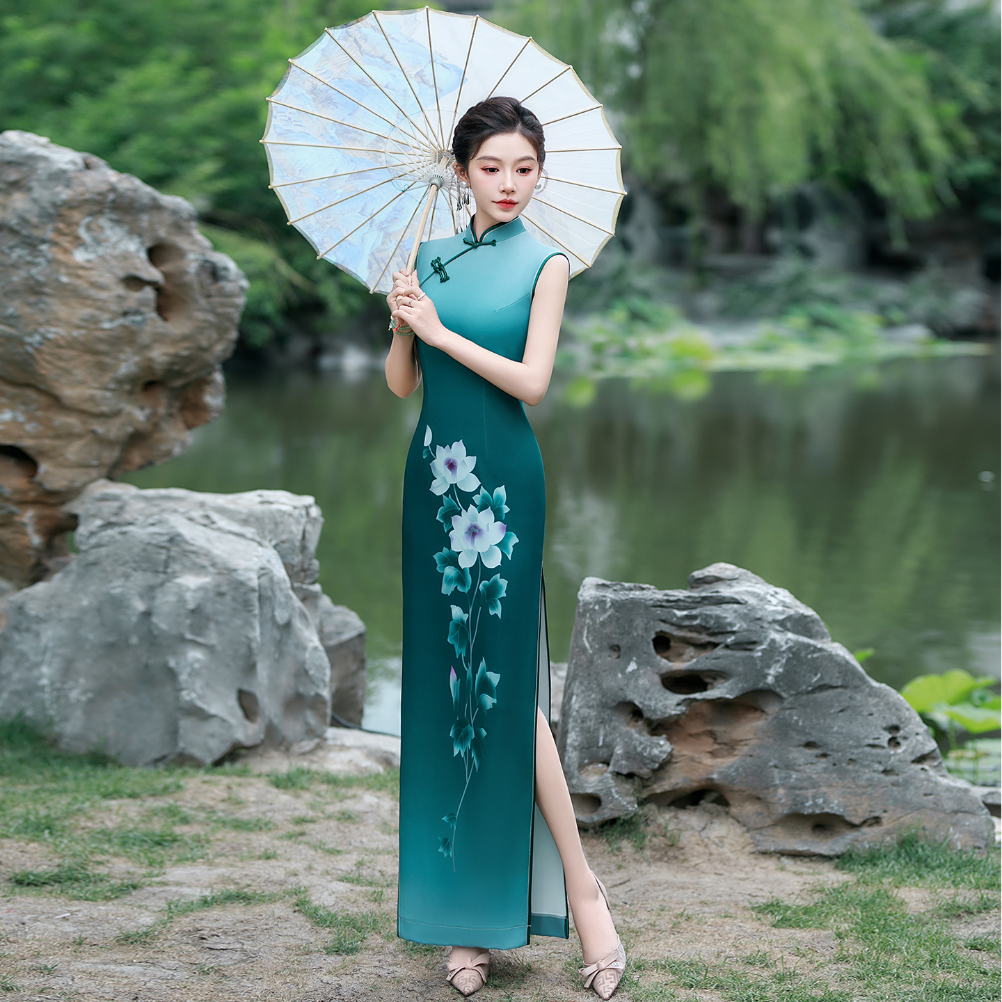 曼娇娘复古旗袍绣花妈妈走秀形体导师舞蹈演出服弹力模特T台礼服