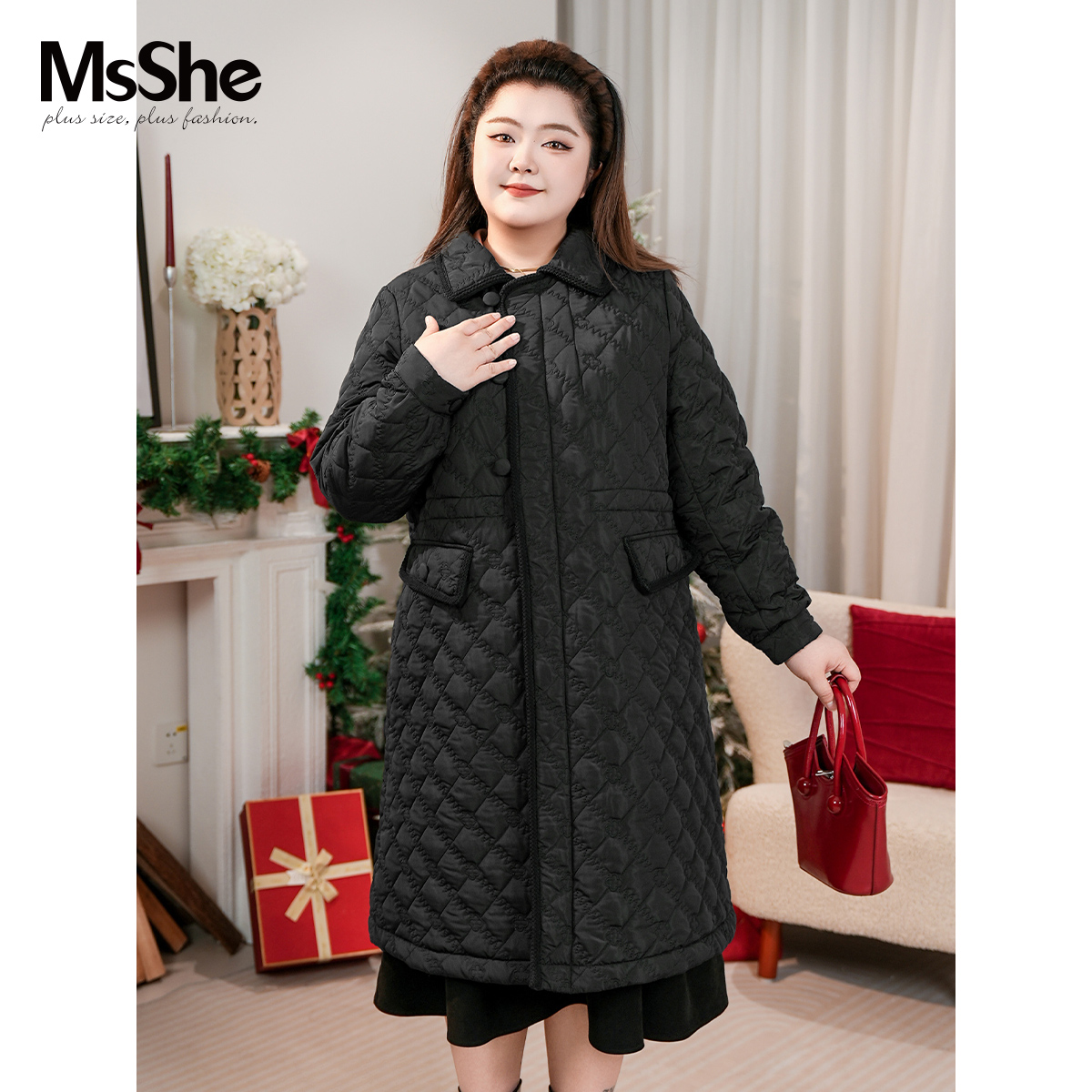 MsShe大码女装2025新款冬翻领刺绣夹棉收腰长款棉服D~F2512006