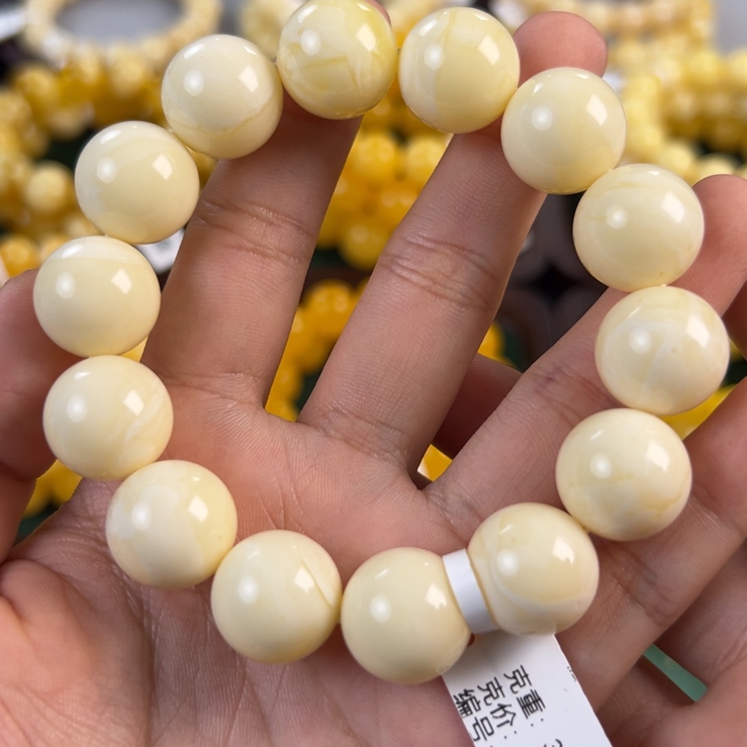 琥珀未镶嵌手链34.4g焦皮白蜡圆珠16mm ql