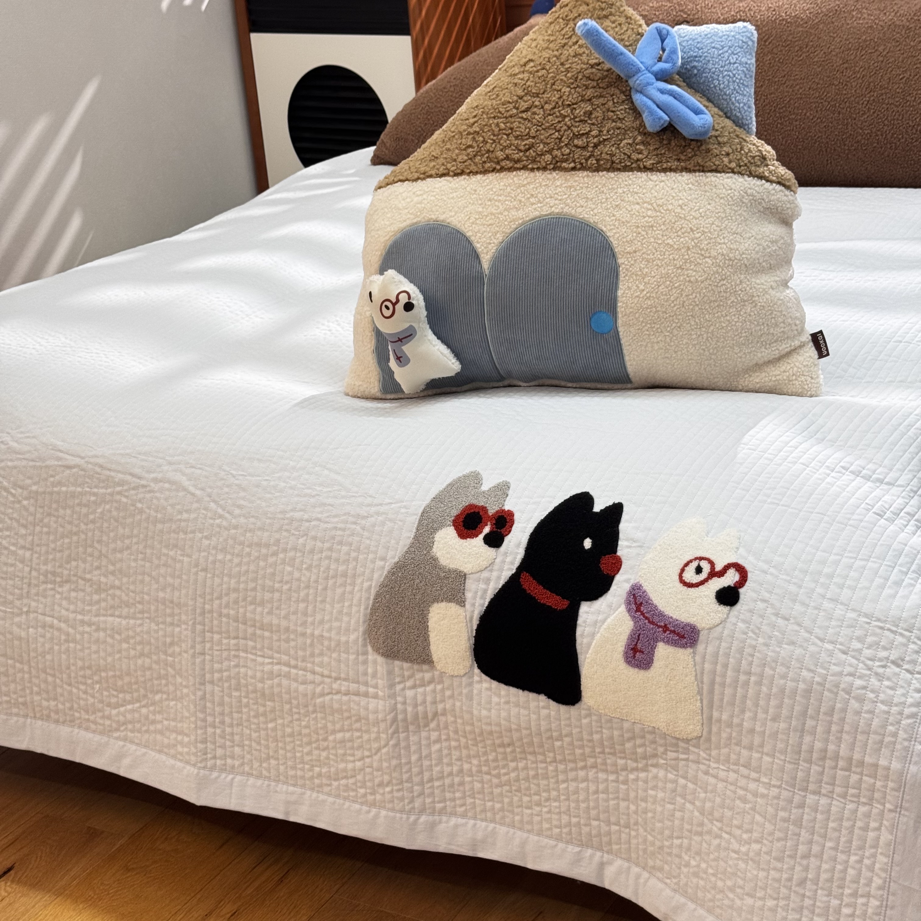 纯棉单床盖！三只小狗床盖单件绗缝刺绣卡通防滑舒适柔软床品套件