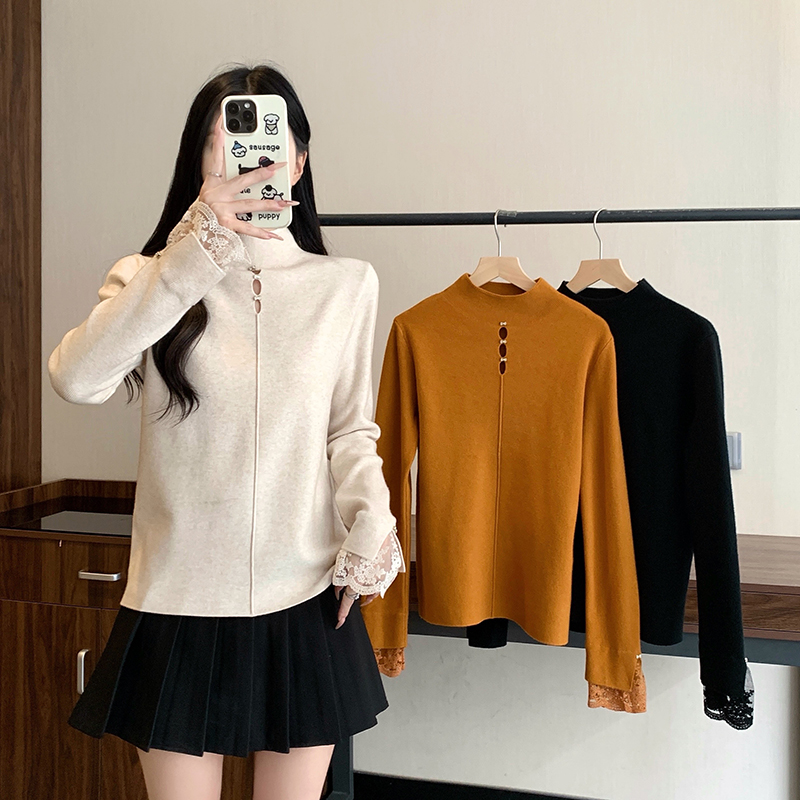 大码女装2025秋冬新款胖mm女纯欲高领镂空拼接蕾丝针织上衣72122