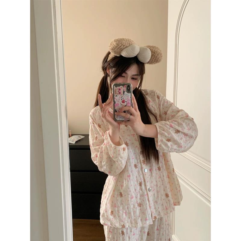 【开衫圆领樱花熊】长袖可爱卡通甜美睡衣女孩春秋季学生家居服