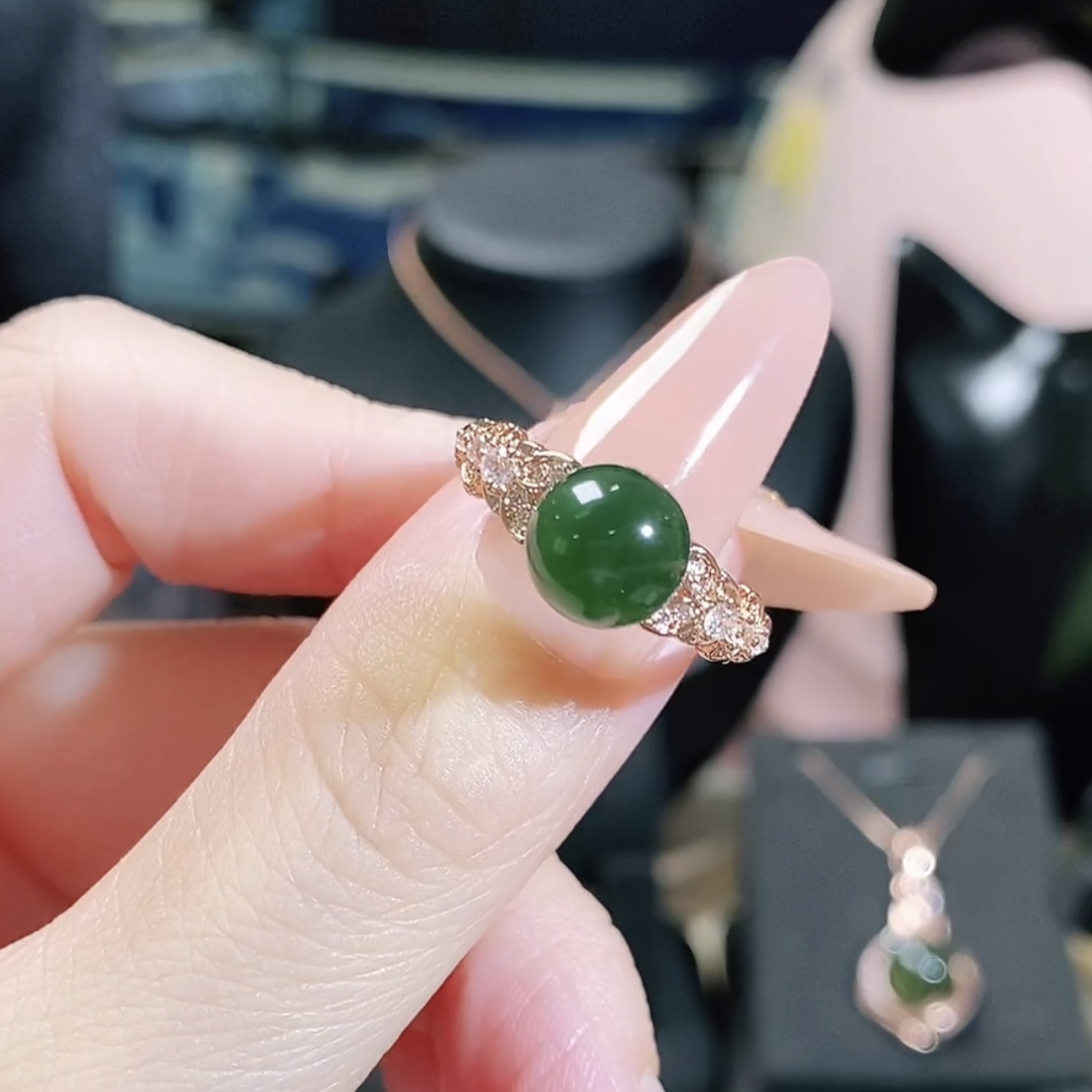 【亿禧】S804墨西哥蓝珀时尚轻奢-金枝绿叶戒指SS000006660804