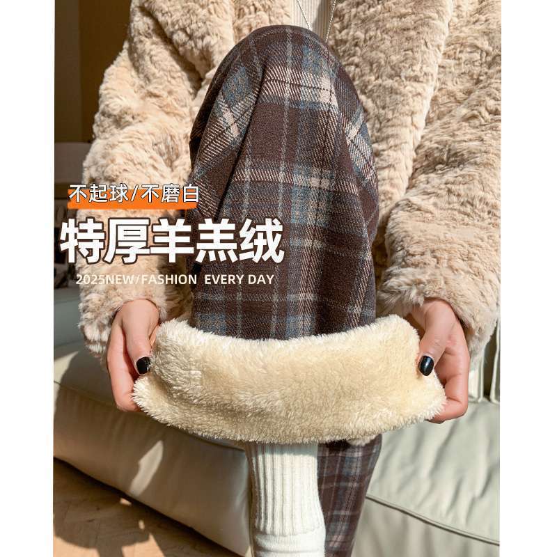 毛呢格子裤女秋冬加绒加厚裤子女新款复古阔腿裤保暖裤子女