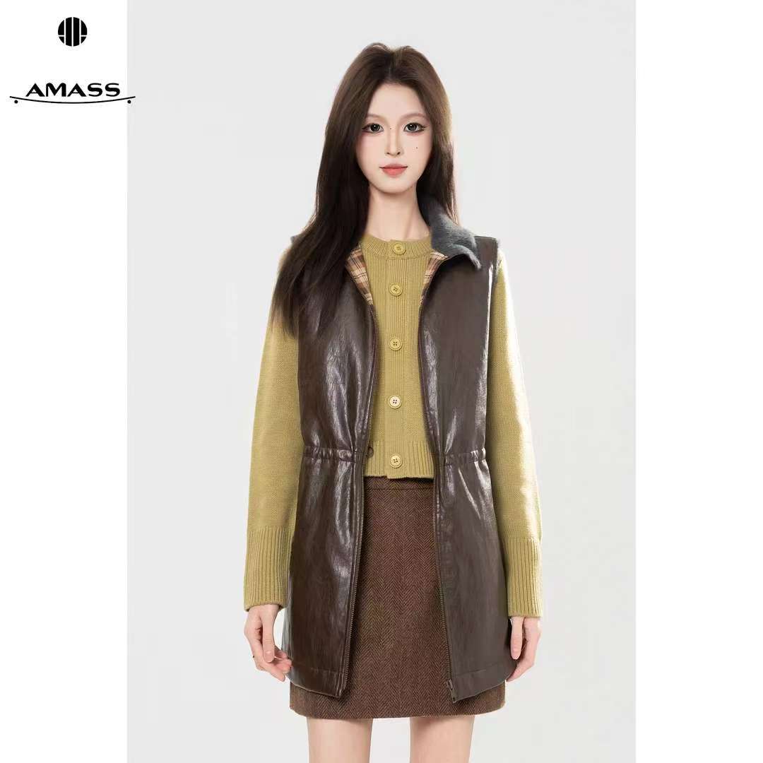 AMASS/阿玛施秋季新款复古时尚气质百搭PU革休闲皮革马夹女540092