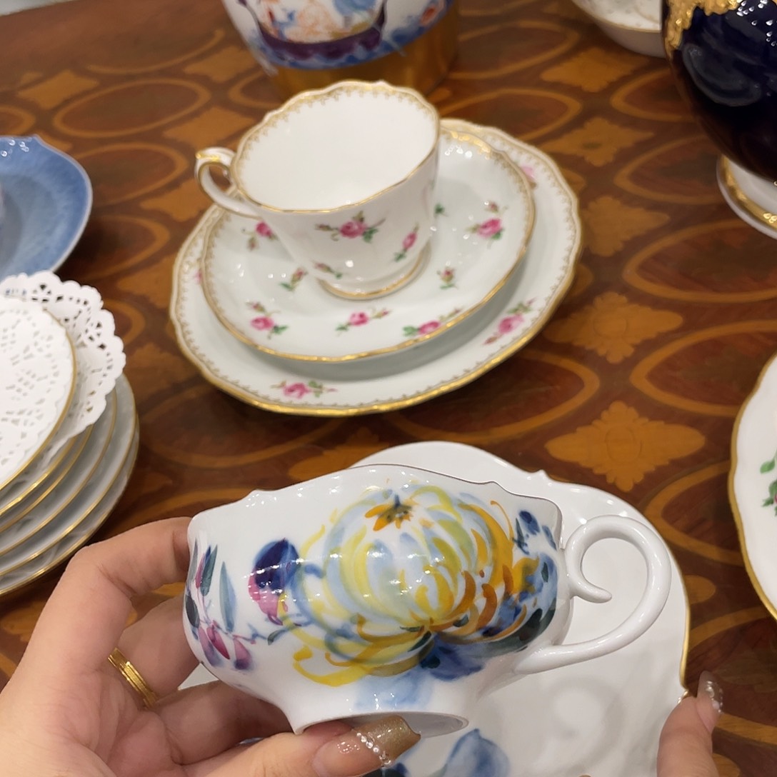 瓷片中古一等水墨彩菊