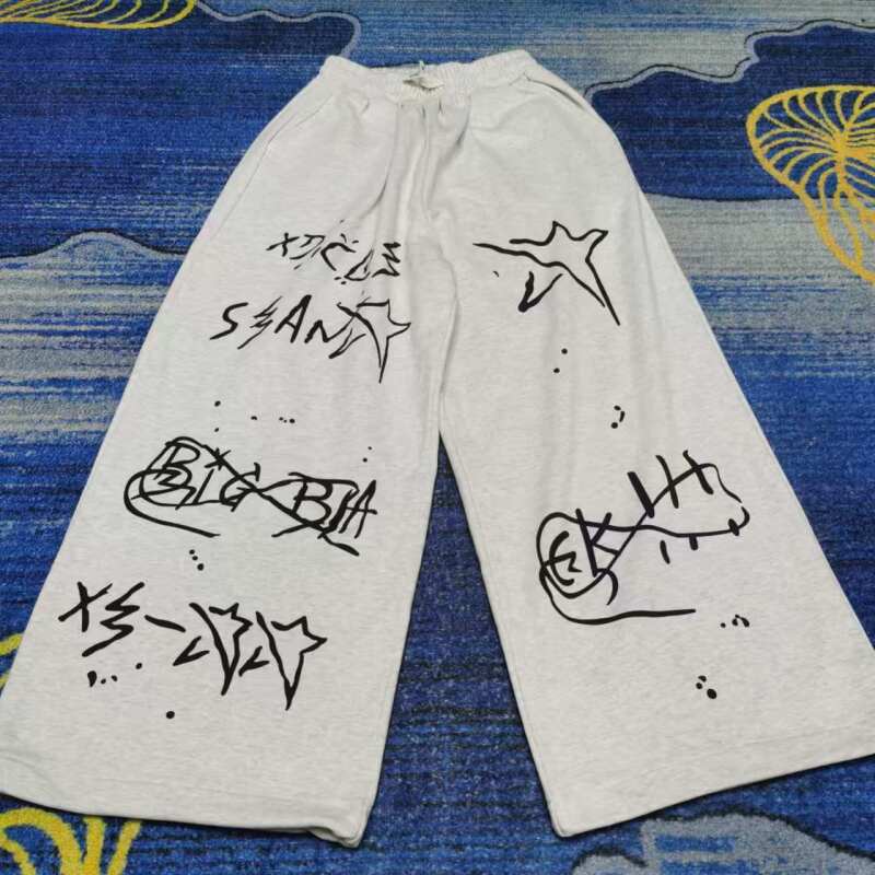 855加厚不绒手绘大毛圈棉阔腿直筒卫裤