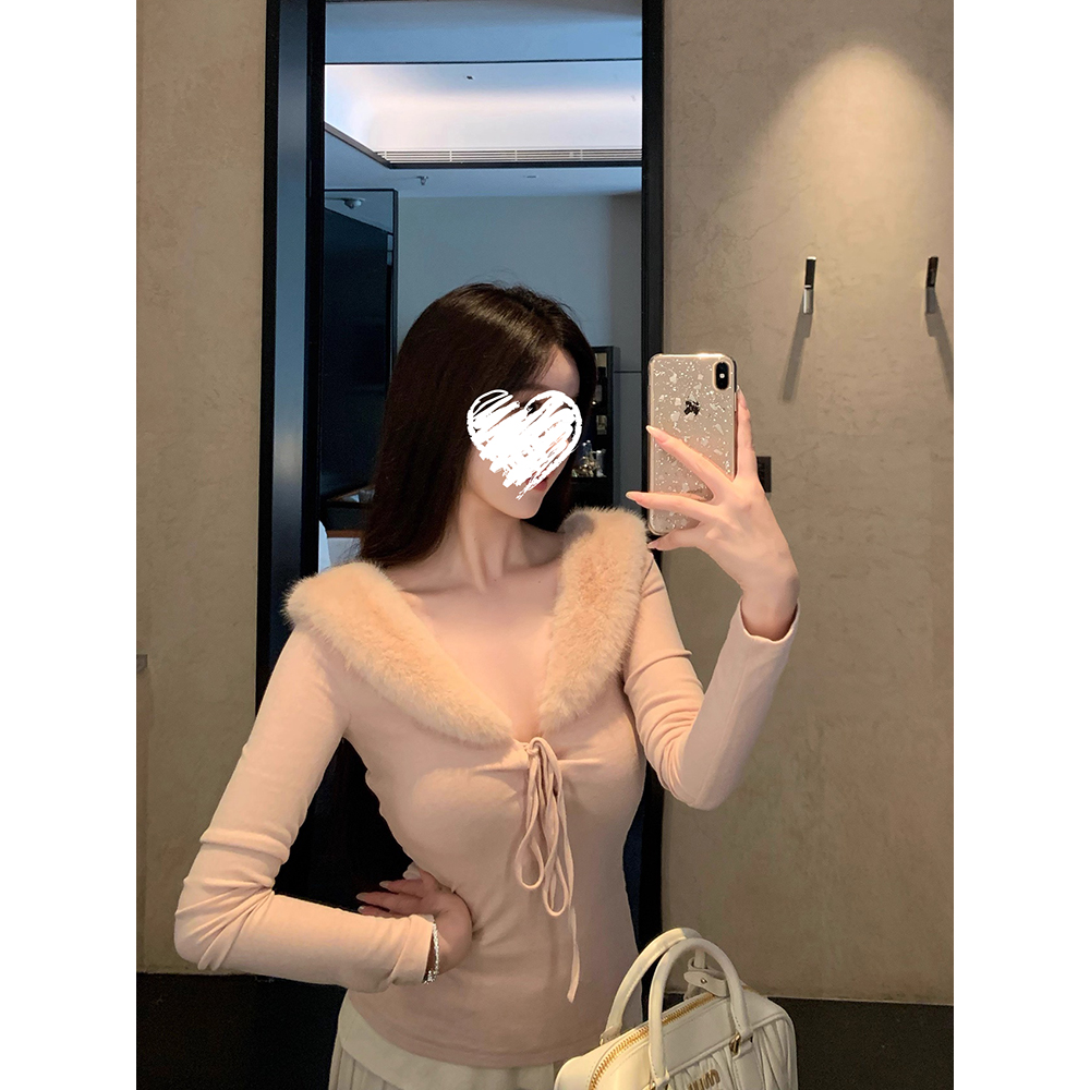 千金风少女风前后两穿针织衫毛领系带设计感小众上衣 61302