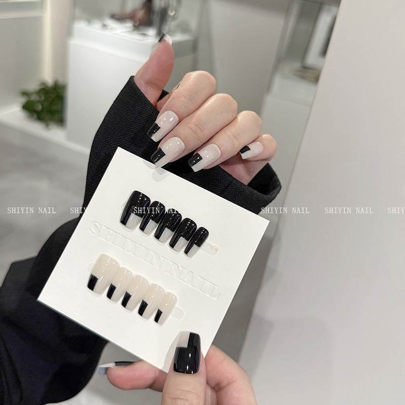 CPY-73中方型黑白方格辣妹风短款显手白时尚美甲穿戴甲可拆卸甲片