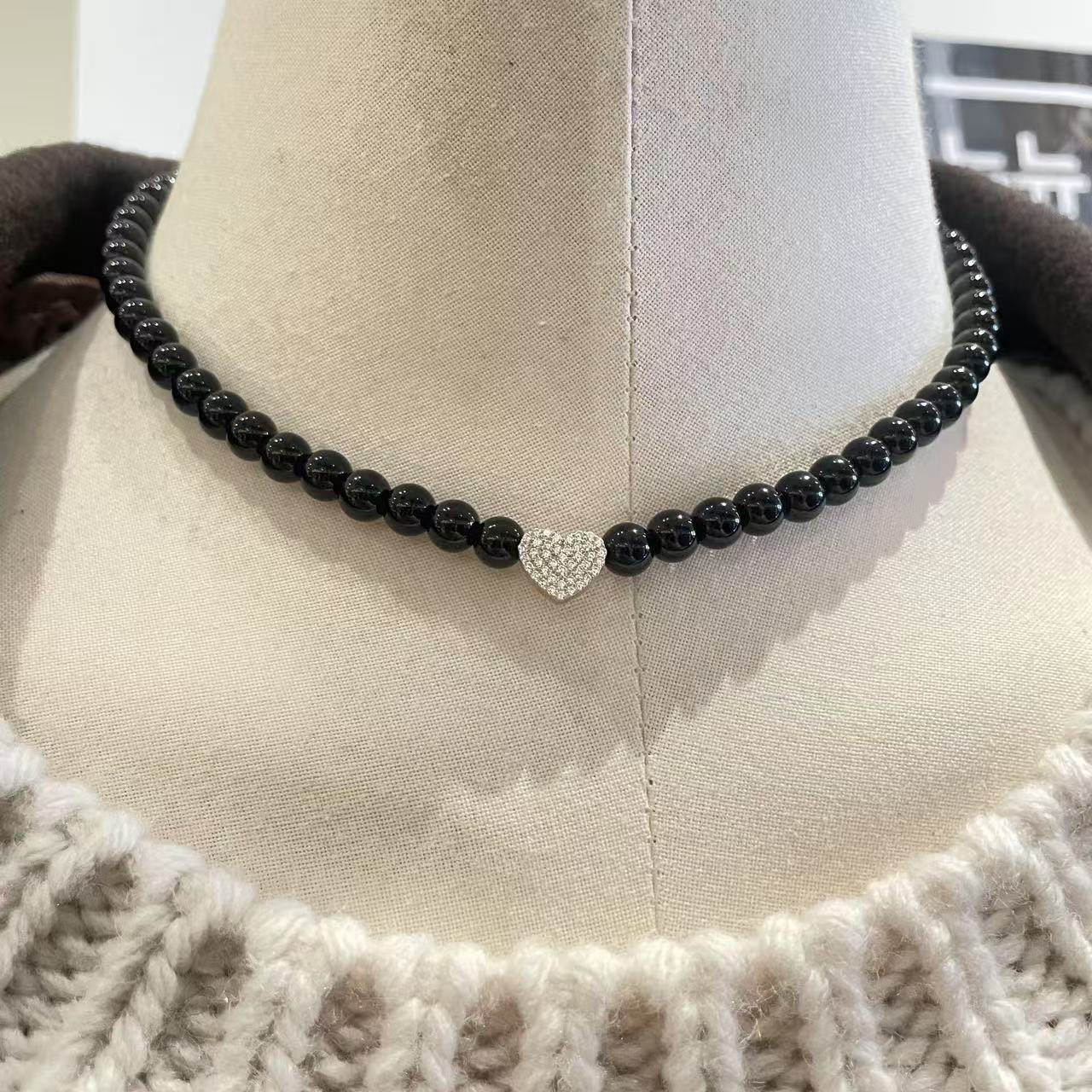 非金属仿珍珠项链 0213A15TJ韩国女装直播代购925银爱心黑珠项链 