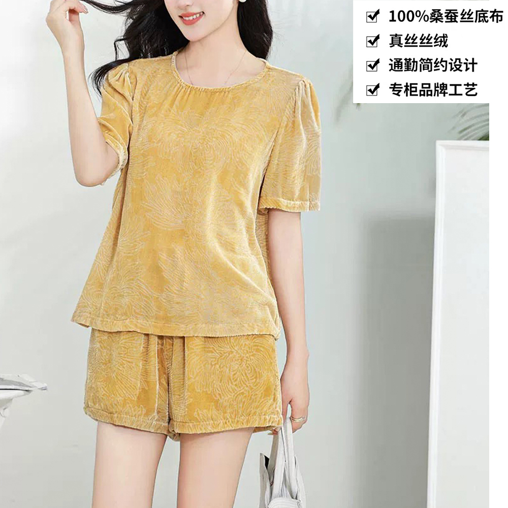 100桑蚕丝真丝丝绒烧花高级感纹理桑蚕丝T恤短袖上衣ZKB62黄色