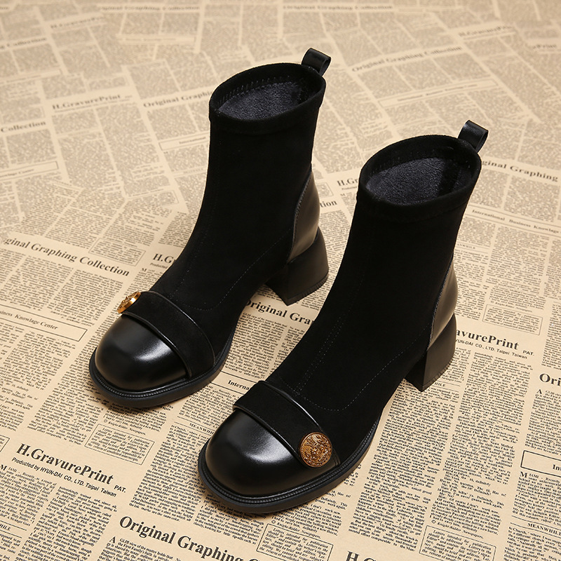 真皮短靴女2024年秋季新款厚底马丁靴粗跟韩系小裸靴高跟瘦瘦靴子