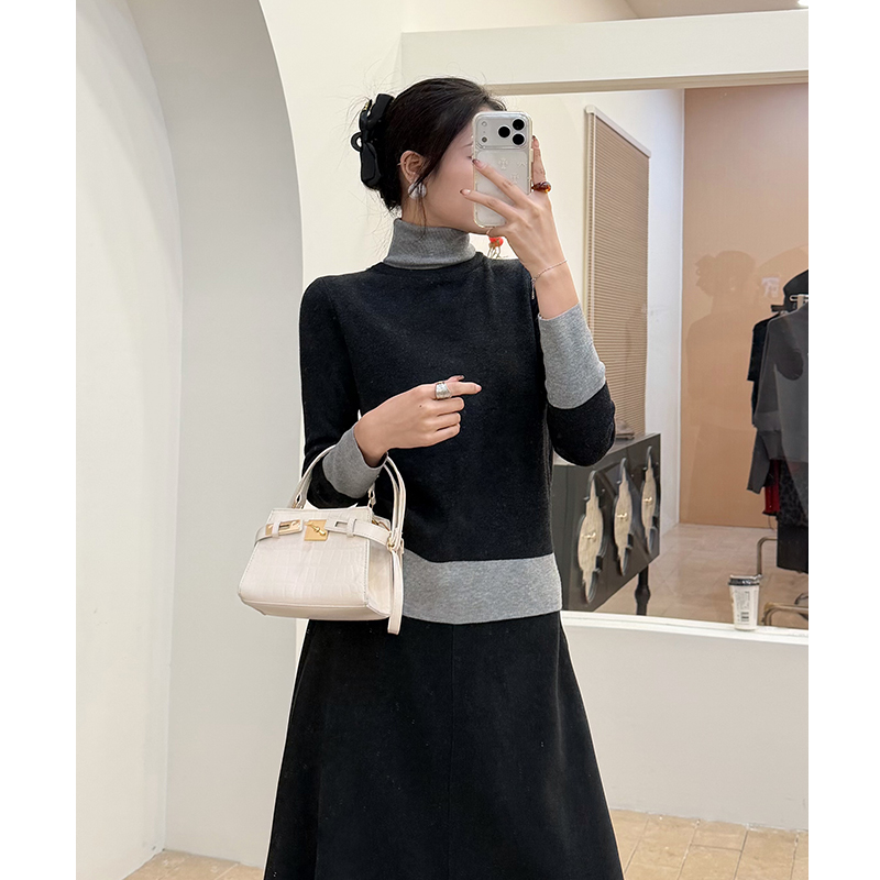 显瘦气质秋冬新款打底衫假两件设计感长袖女百搭拼接时尚上衣047