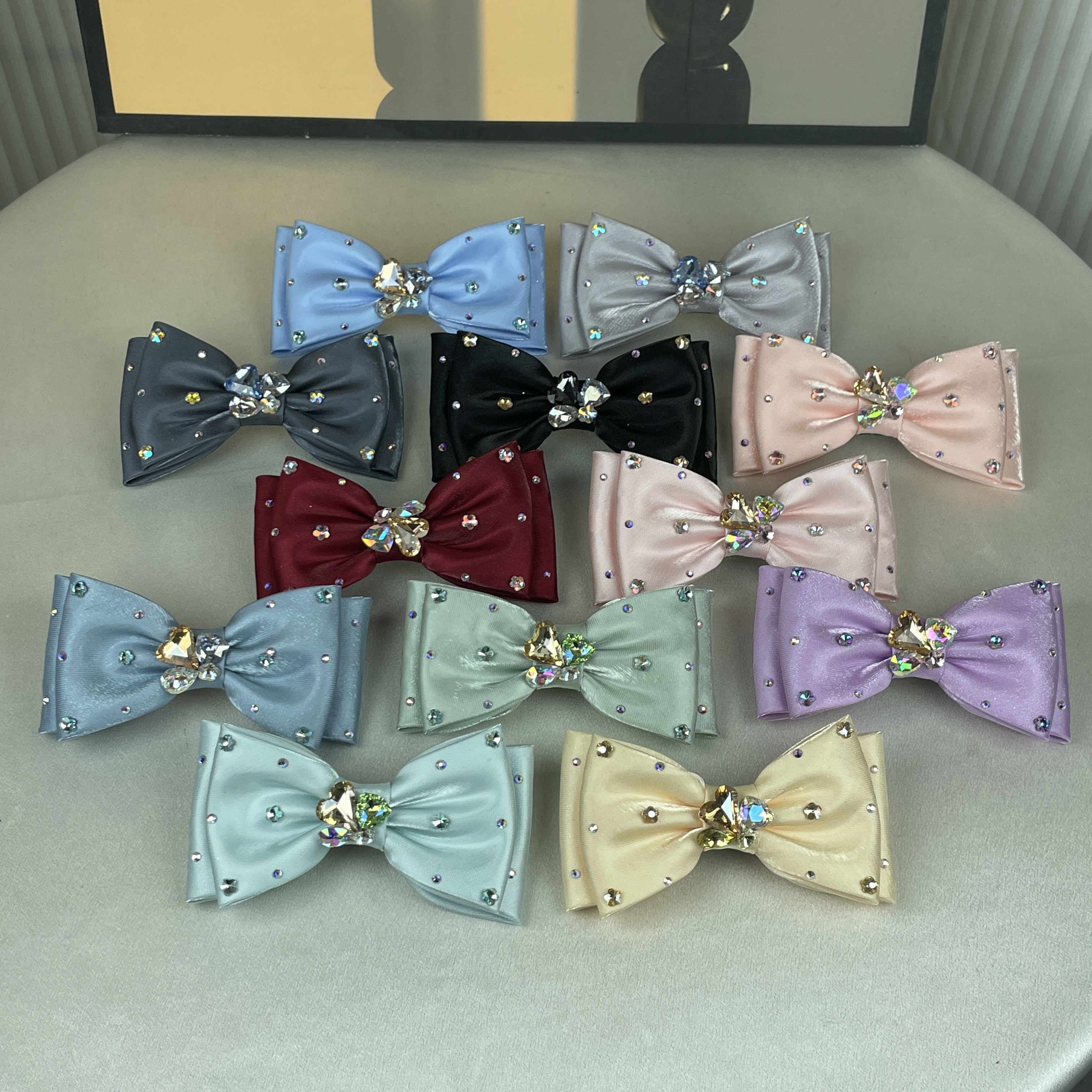 新款简约点钻双层蝴蝶结弹夹发夹韩版气质时尚手工蓝色轻奢发卡