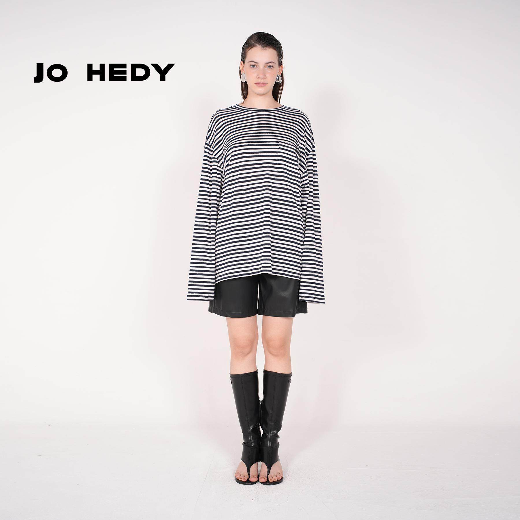 Jo Hedy时尚气质简约宽松休闲慵懒打底衫条纹长袖T恤