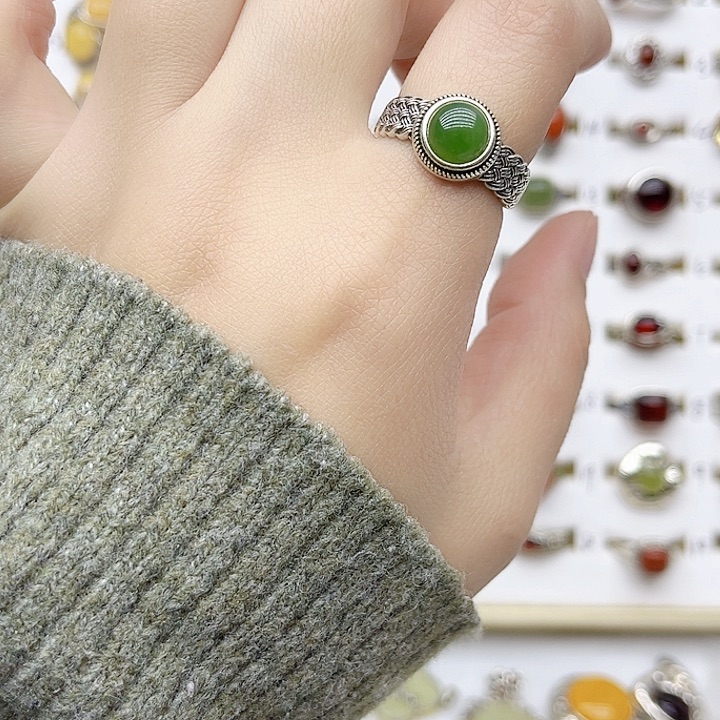 和田玉戒指银S925镶嵌天然