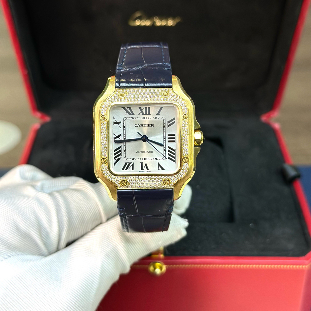 99新 Cartier/卡地亚 WSJA0008山度士35mm黄金原钻银盘罗马刻皮带