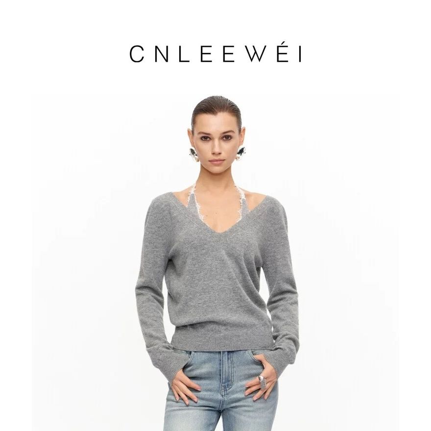  UCUT简刀 LEEWEI 秋季25新款蕾丝拼接V领毛织两件套3904