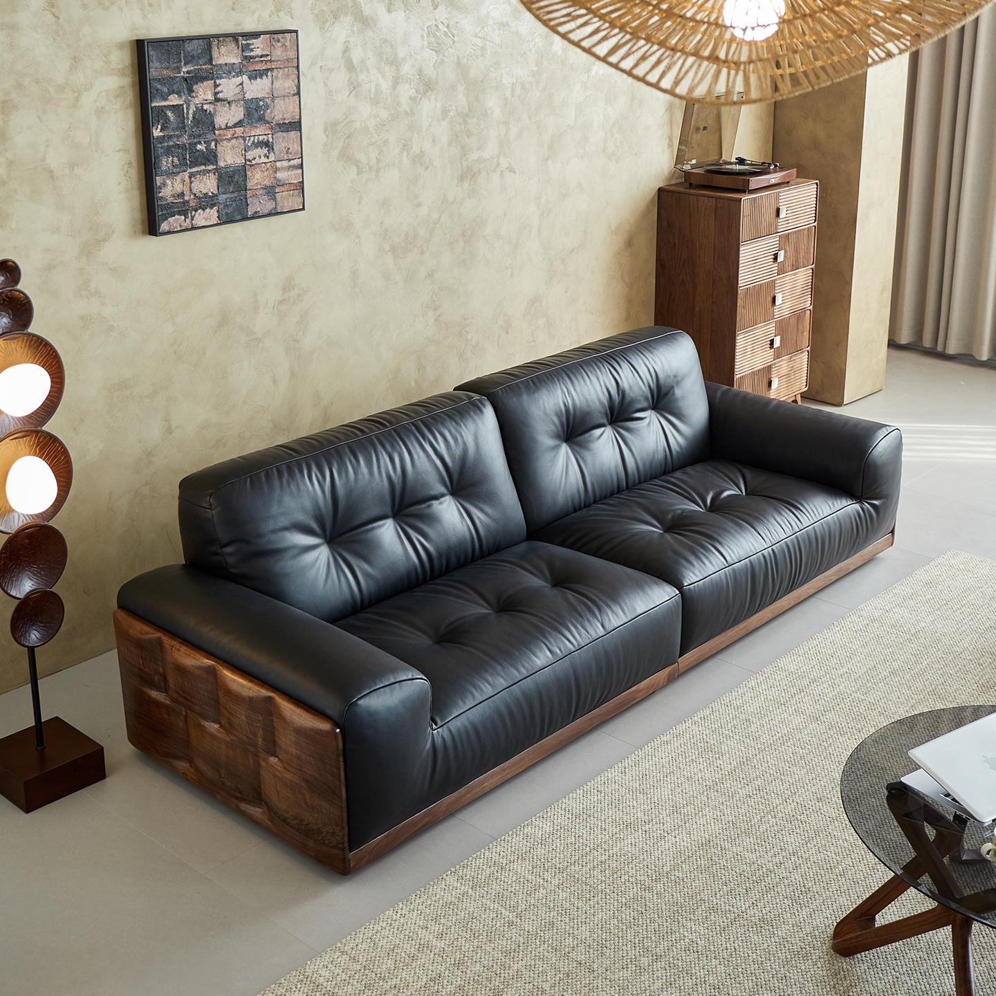 北美黑胡桃木沙发轻奢真皮三人沙发茶几客厅家用美式三人位简约