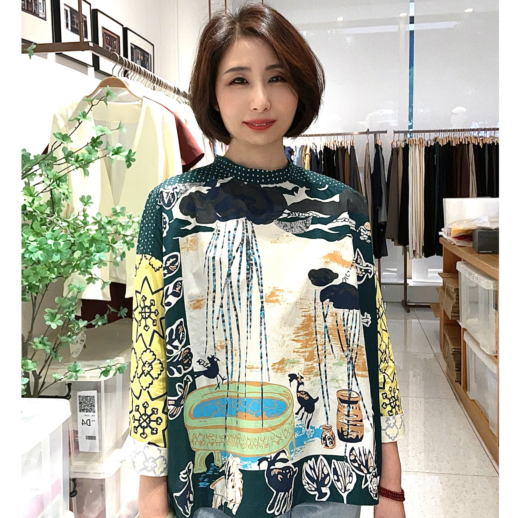 日系蓝色印花波点长袖衬衫