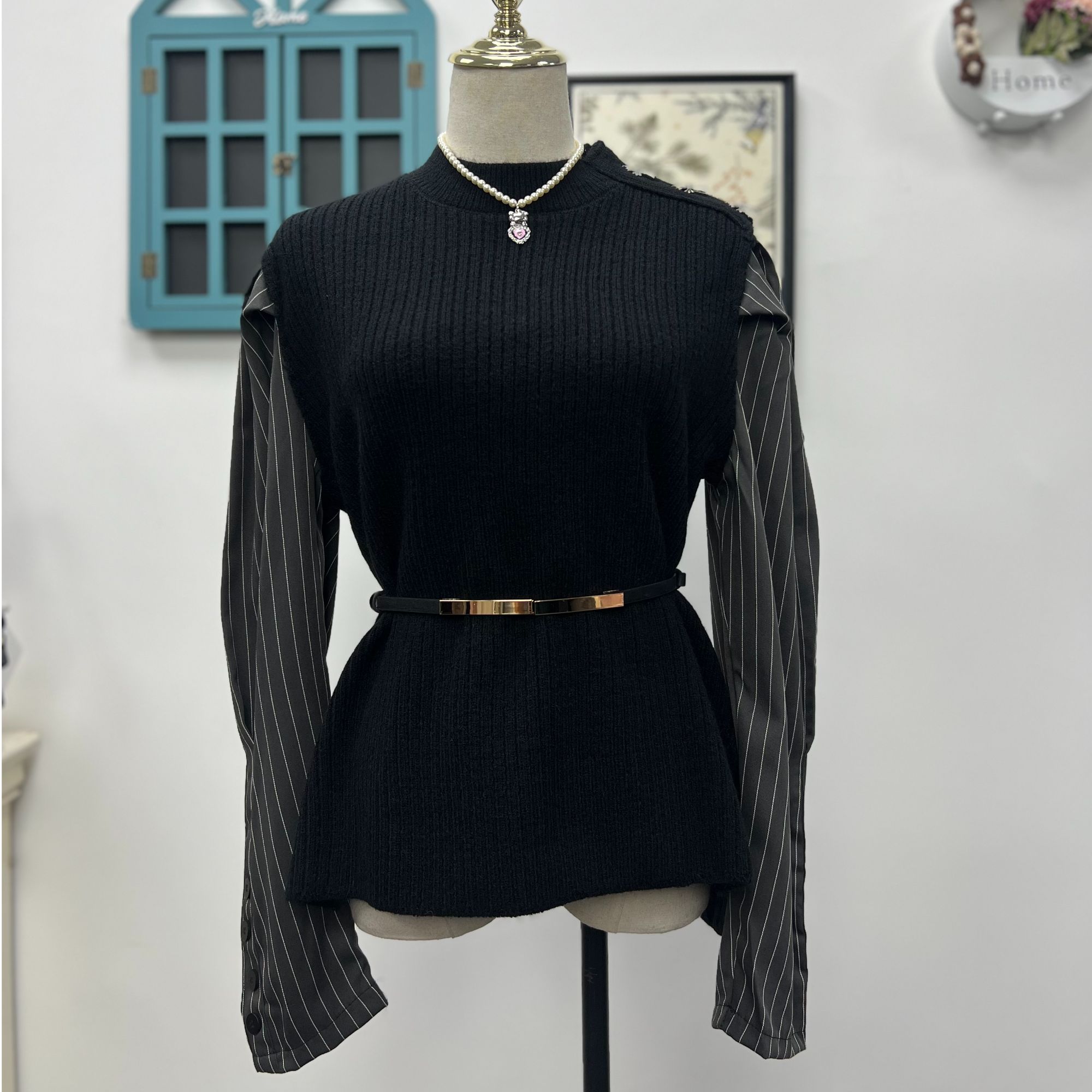 新款韩系宽松针织衫假两件+配腰带 92352