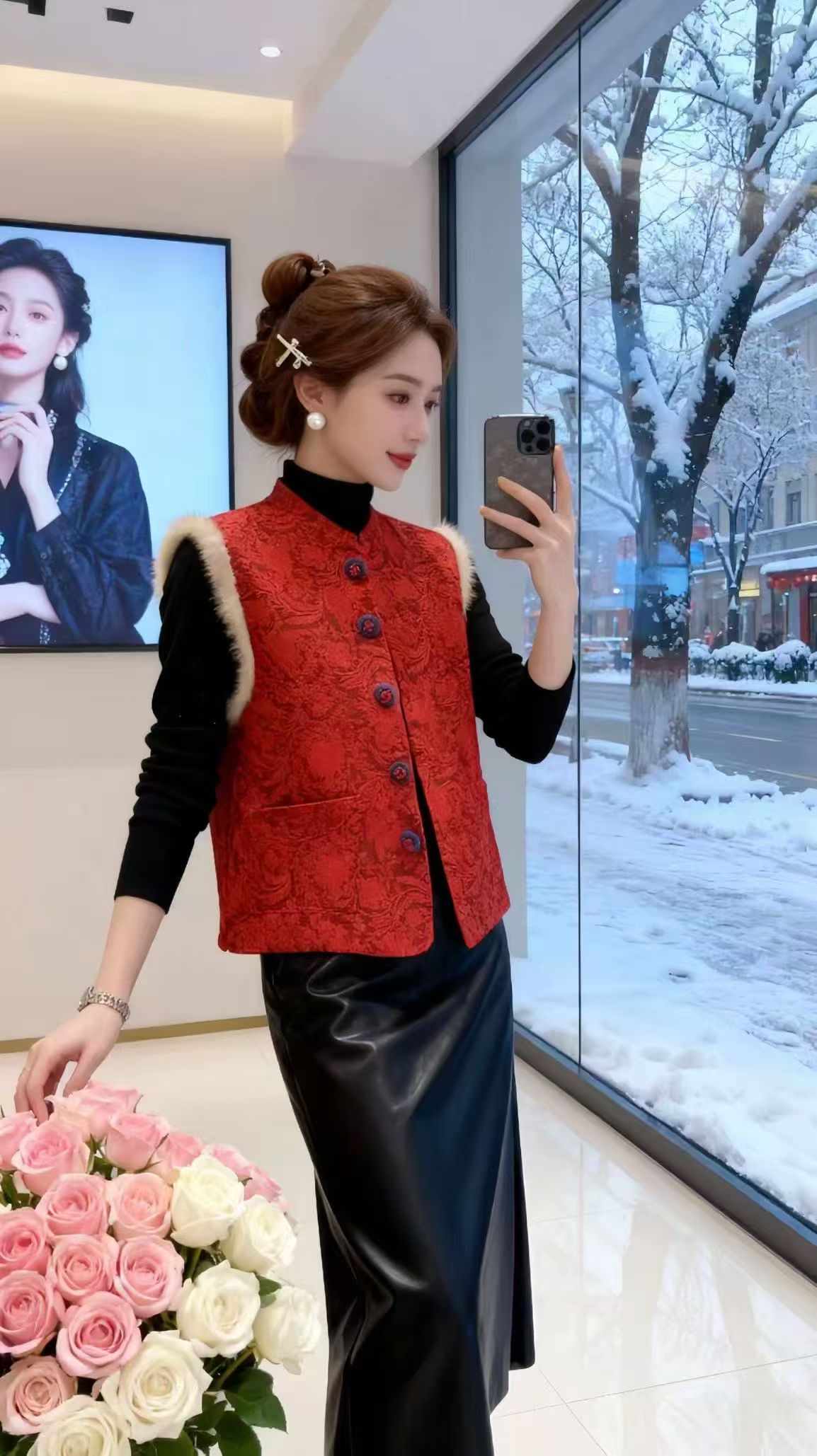 恒鑫安新年红欧貂毛浮雕新中式国风马夹-67102