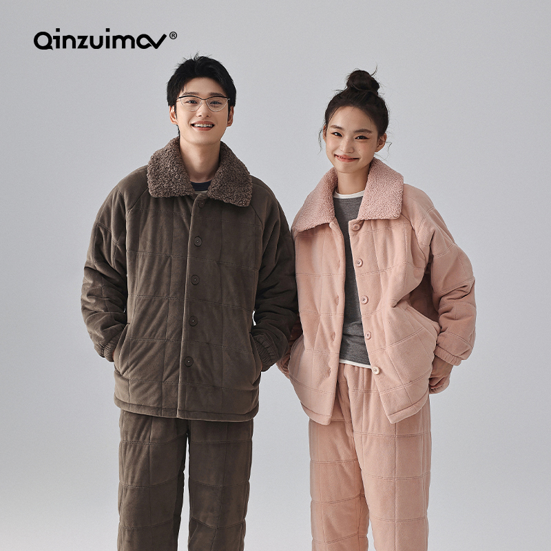 亲嘴猫三层加厚海岛绒夹棉情侣睡衣女冬季保暖男士套装家居服外穿